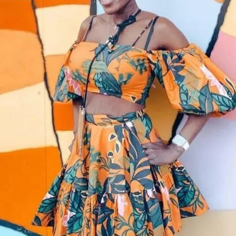 RARE SKIRT SET BLOGGER FAVORITE H&M Orange flare puff sleeve tropical crop XS M - Picture 11 of 11